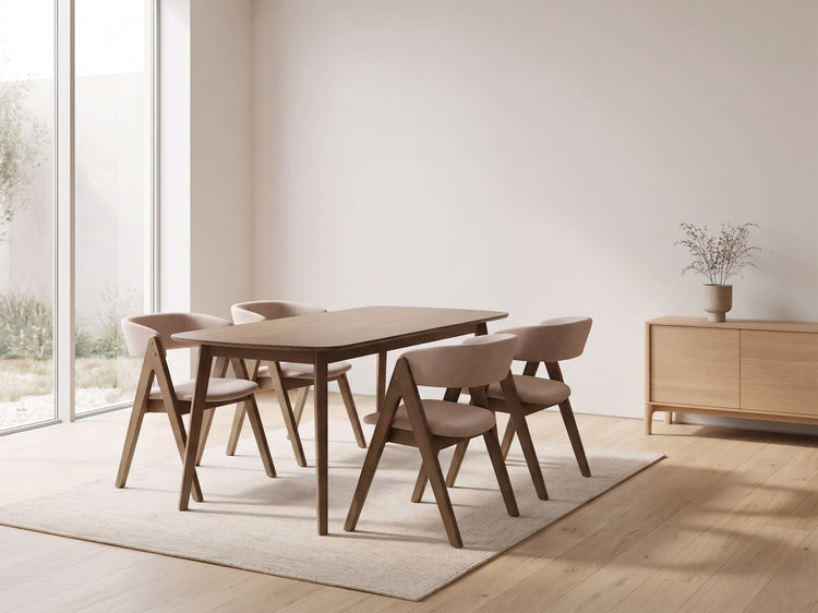 ELIO 63" Dining Table set with a dark wood-grain rectangular table and four taupe upholstered chairs with angled wood frames.