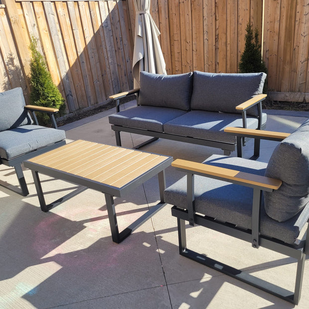 VAKKER  Modern 4 Seater Aluminum Patio Set with Polywood Coffee Table CHARCOAL GREY CUSHION