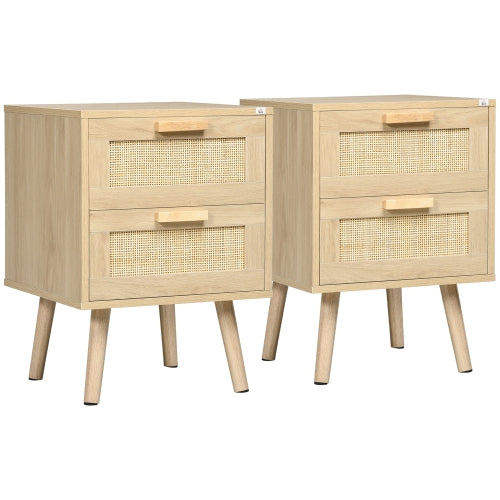 Nightstand with 2 rattan drawers in natural wood effect, boho bedroom side table with storage
