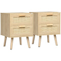Nightstand with 2 rattan drawers in natural wood effect, boho bedroom side table with storage