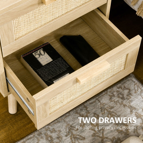 Nightstand, Side End Table with 2 Rattan Drawers, for Bedroom, NaturalAR Dynamic CaTransform your bedroom into a stylish sanctuary with these chic bed side tables from HOMCOM. Its impressive rattan structure gives it a natural bohemian design. WithNighstandNightstand Side End TableAR Dynamic Ca