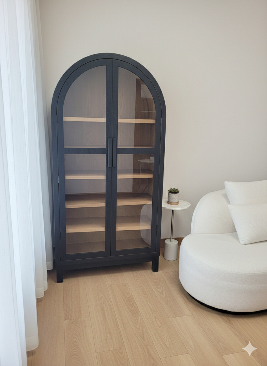 Black Arch Cabinet with tempered glass doors and five spacious shelves, premium wood construction, elegant arch design, fully assembled, free shipping across Canada