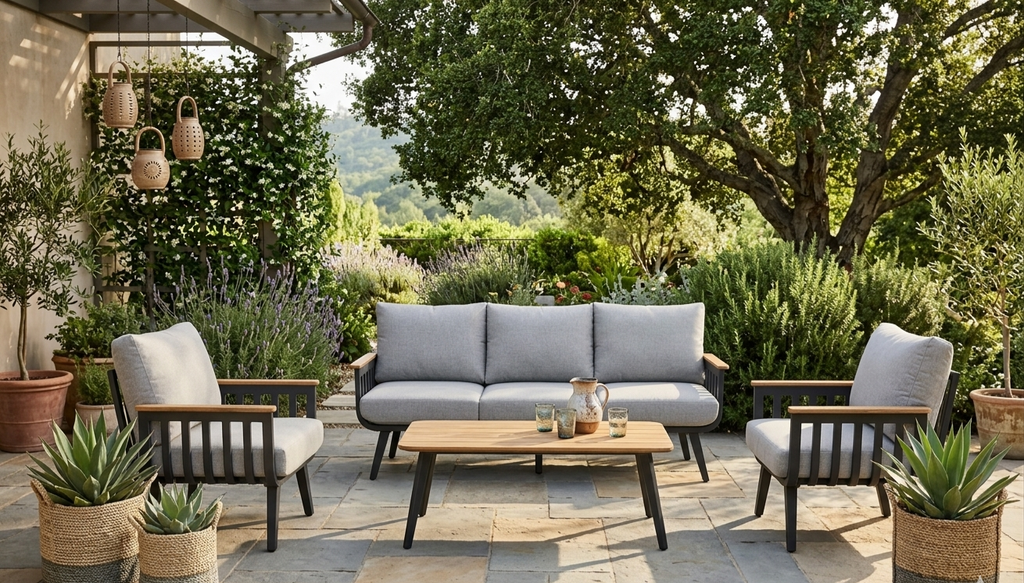 Modern 5-seater aluminum patio set with grey cushions and polywood coffee table on outdoor deck