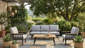 Modern 5-seater aluminum patio set with grey cushions and polywood coffee table on outdoor deck