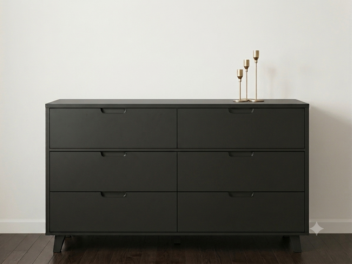The Noon Dresser sleek 6-drawer MDF dresser with integrated handles and tapered legs in a modern bedroom setting