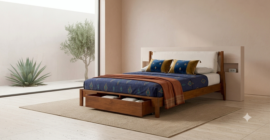 ALDER Storage Bed with warm walnut-toned solid rubberwood frame, beige chenille padded headboard, and footboard storage drawer open with linens inside