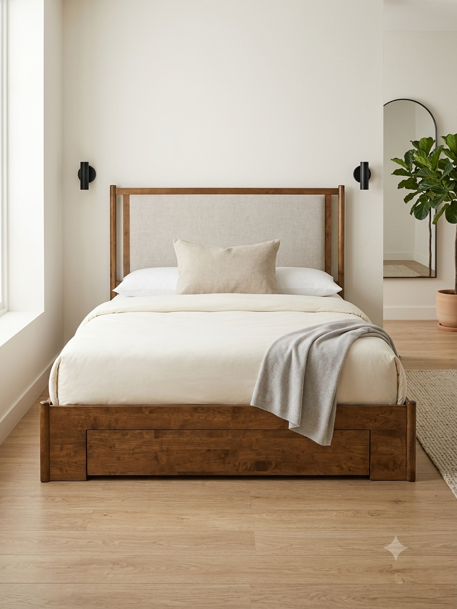Arbor Bed Frame with warm solid wood structure and light grey upholstered fabric headboard, featuring under-bed storage drawers.