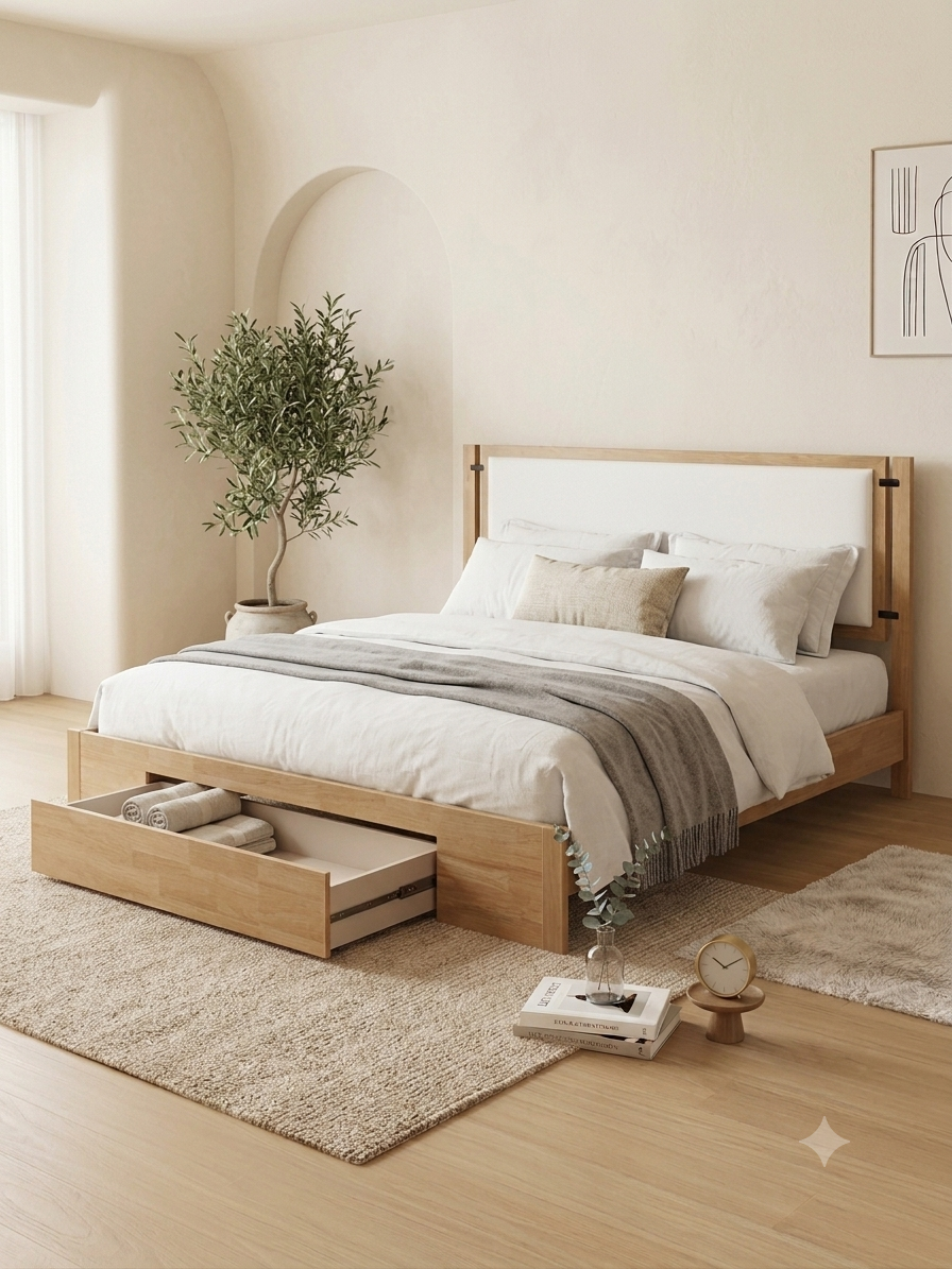 Haven Storage Bed with natural oak-coloured solid wood frame, beige upholstered headboard, and under-bed storage drawer open with linens inside.
