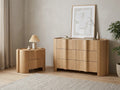 Luna Nightstand with a warm, natural wood-look finish, rounded sides and two sculpted handle-free drawers.
