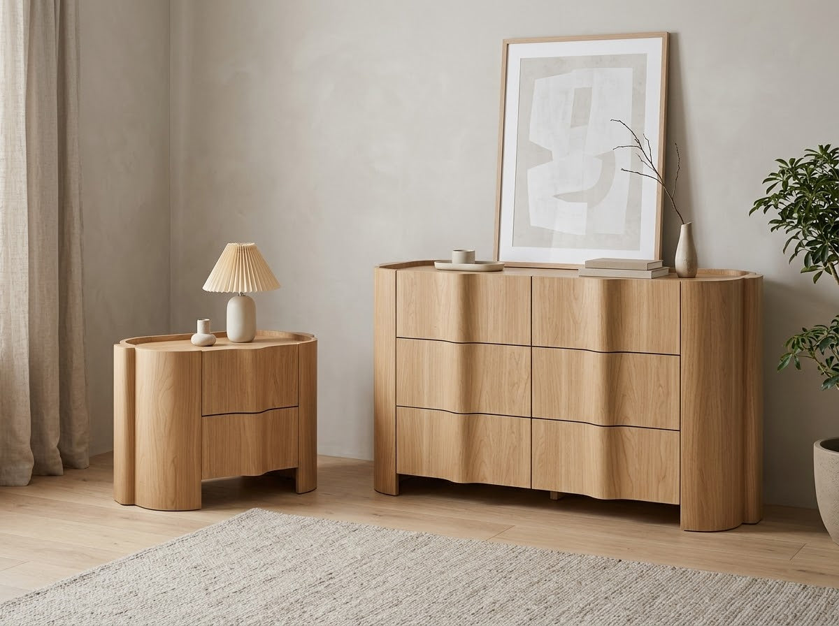 Luna Nightstand with a warm, natural wood-look finish, rounded sides and two sculpted handle-free drawers.