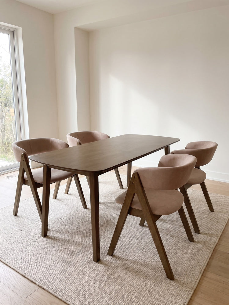 NORI Upholstered Rubberwood dining chair with taupe fabric upholstery, rounded seat, curved back, and angular wood legs.