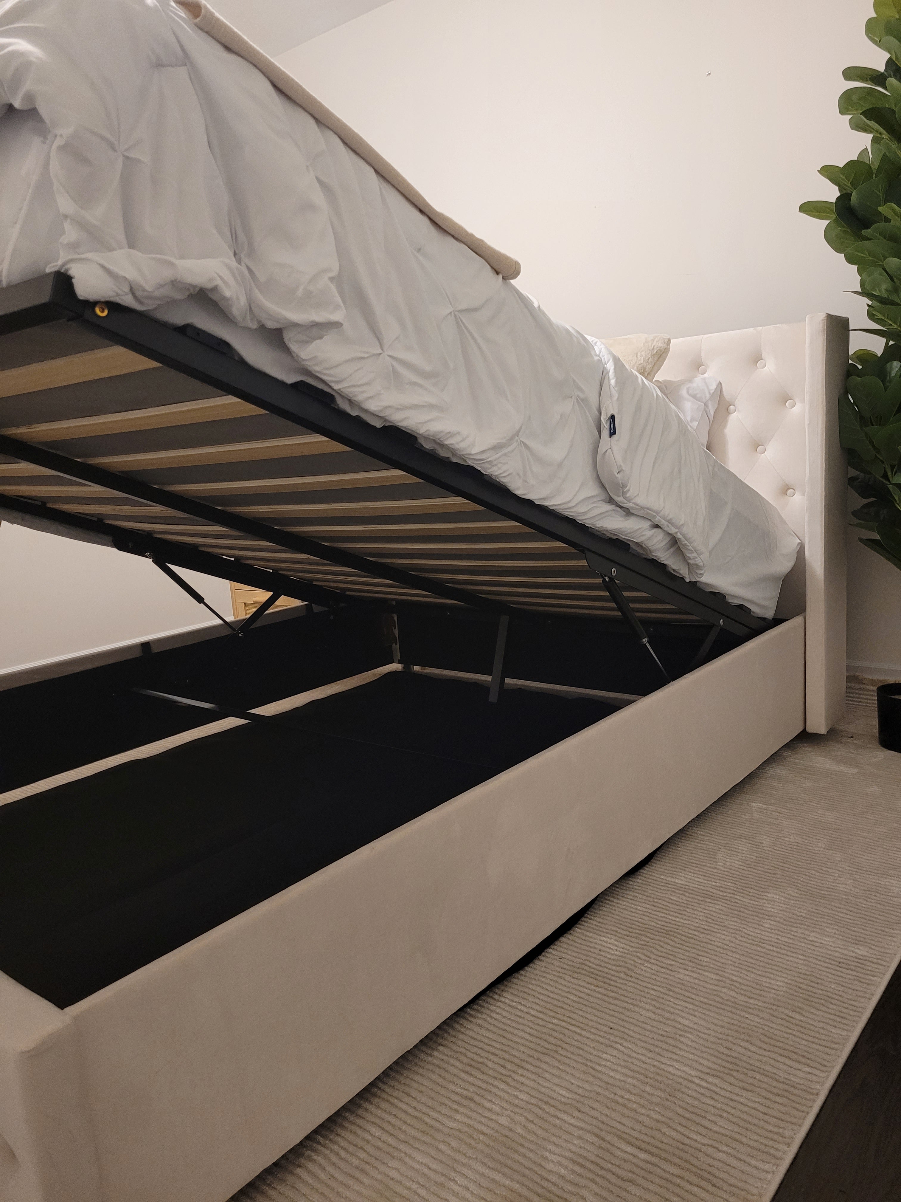 Adam Hydraulic Lift upholstered king bed with velvet button-tufted headboard and under-bed storage