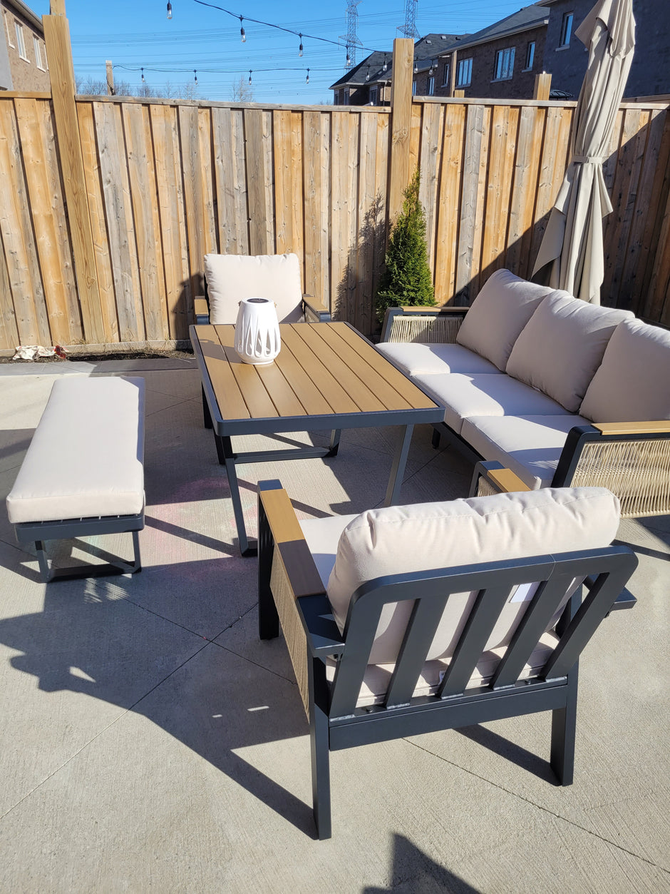 SNAKK SKITTENT Luxury Aluminum Dinning Patio Set with Teak Wood Accents – Modern Outdoor Lounge Set