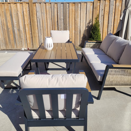 SNAKK SKITTENT Luxury Aluminum Dining Patio Set with Teak Wood Accents – Modern Outdoor Lounge Set