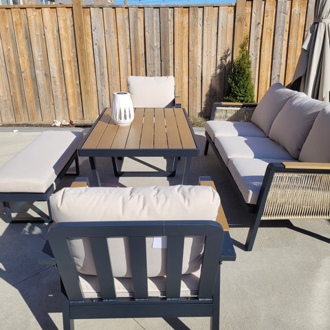 SNAKK SKITTENT Luxury Aluminum Dinning Patio Set with Teak Wood Accents – Modern Outdoor Lounge Set