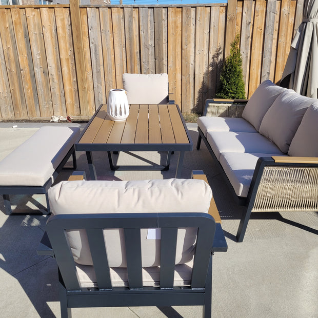 SNAKK SKITTENT Luxury Aluminum Dinning Patio Set with Teak Wood Accents – Modern Outdoor Lounge Set