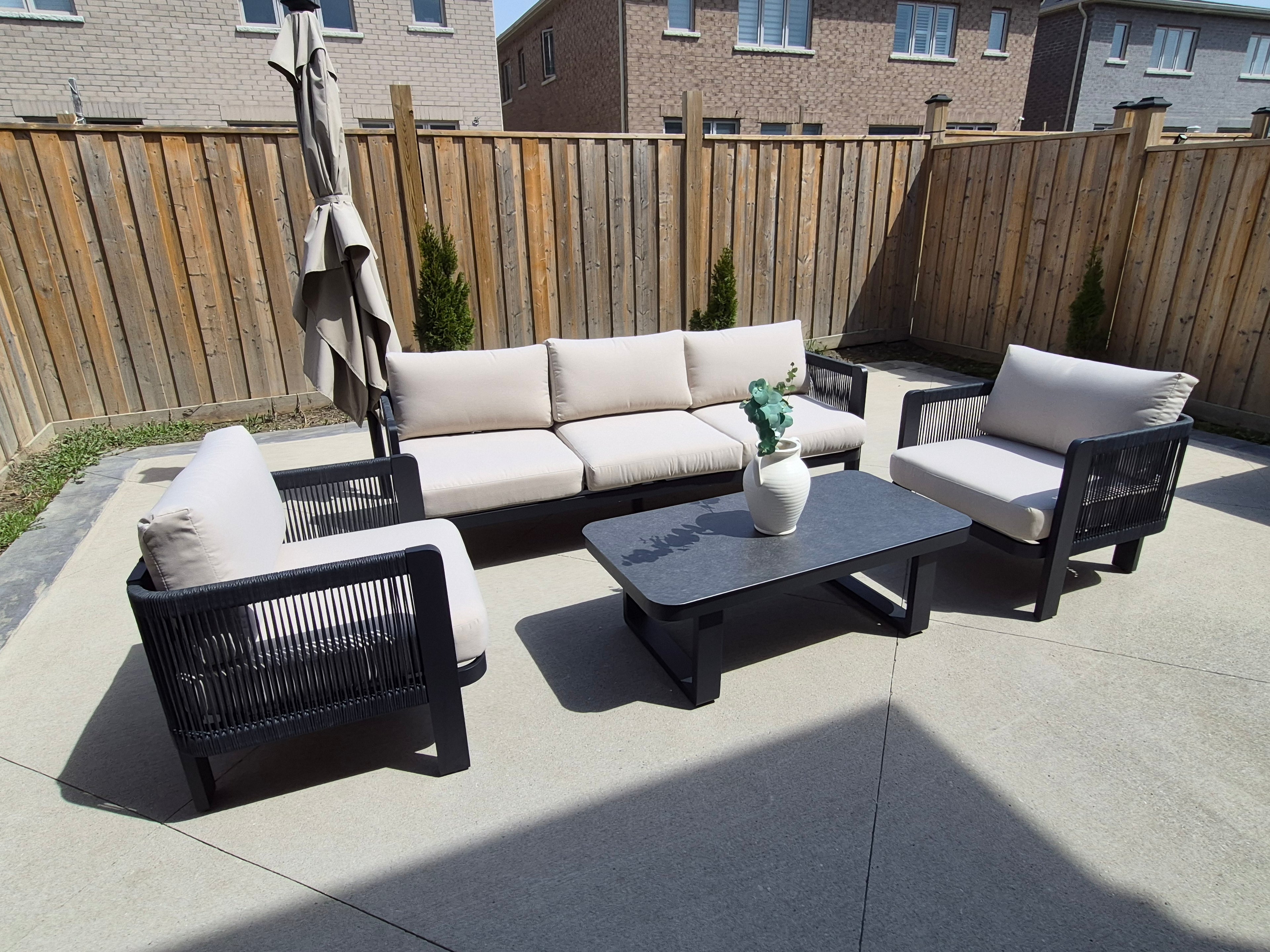 EVENTYR Modern 5-Seater Aluminum Patio Set with Tempered Glass Coffee Table