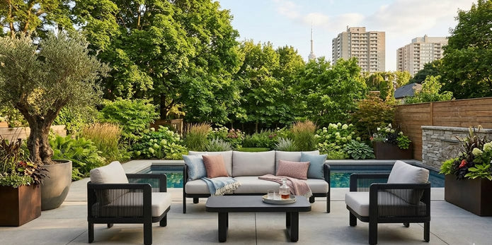 Modern 5-seater aluminum patio set with grey cushions and marble-look tempered glass coffee table