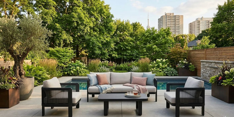 Modern 5-seater aluminum patio set with grey cushions and marble-look tempered glass coffee table