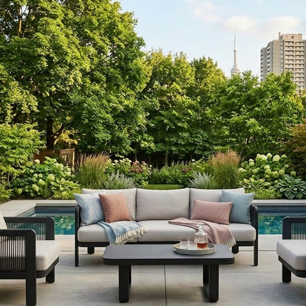 Modern 5-seater aluminum patio set with grey cushions and marble-look tempered glass coffee table