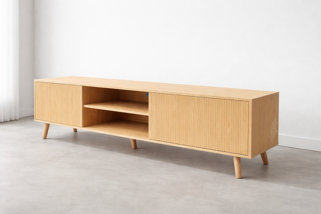 Fluted 70" TV stand in natural oak with sliding doors and open shelves for TVs up to 75"