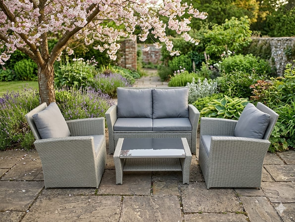 4 PC rattan patio set with grey cushions and water-resistant fabric outdoors