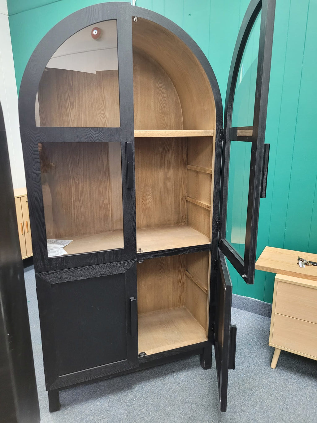 ARDYNAMIC Arch Cabinet black finish wooden storage with arched design and glass doors