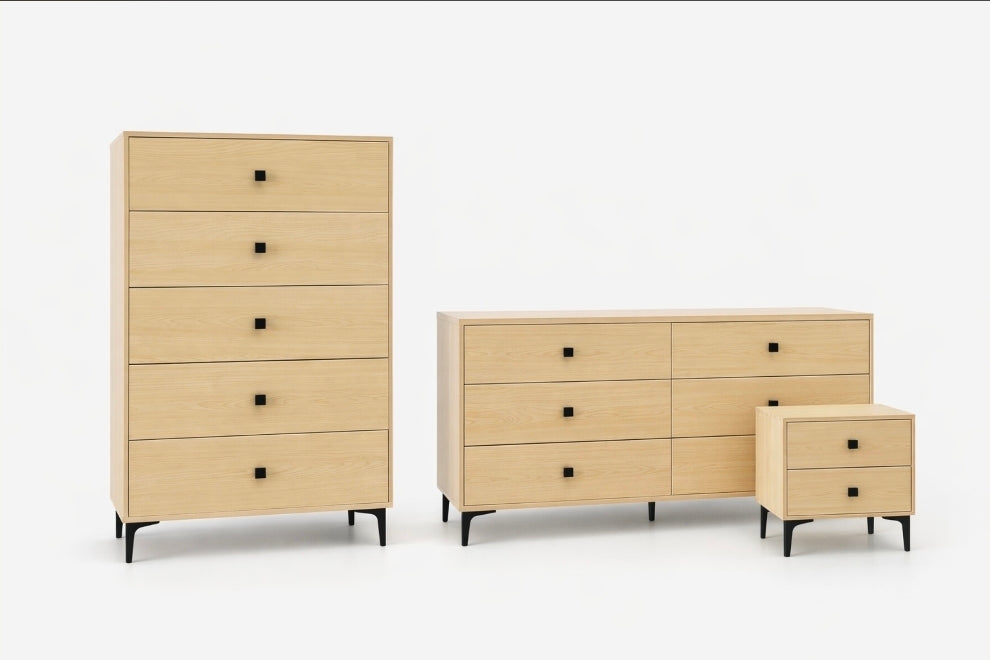 Noon 5-Drawer Chest fully assembled with sleek MDF design and tapered legs for modern bedroom storage