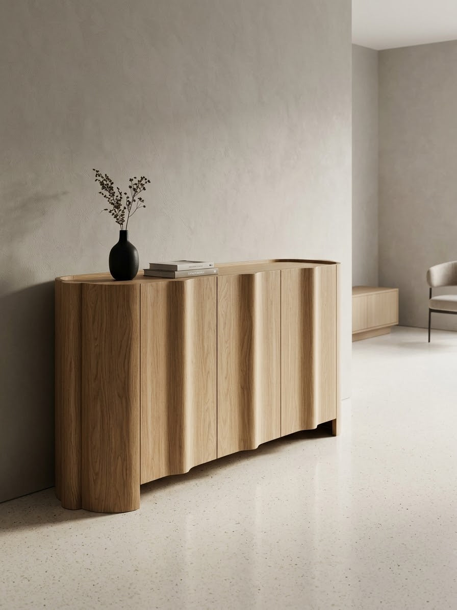 LUNA Buffet & Sideboard Cabinet in warm natural oak with a sculpted front of rounded, wave-like vertical doors and curved ends.