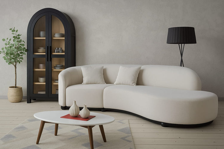 Soli Crescent Curve Sofa in soft chenille upholstery with plush cushions and contemporary curved design