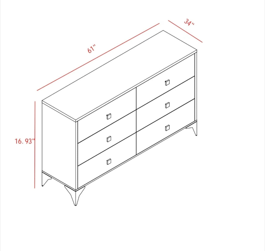 Noon 5-piece bedroom set – 5-drawer chest, 6-drawer dresser, and 2 nightstands in natural oak finish with black metal legs