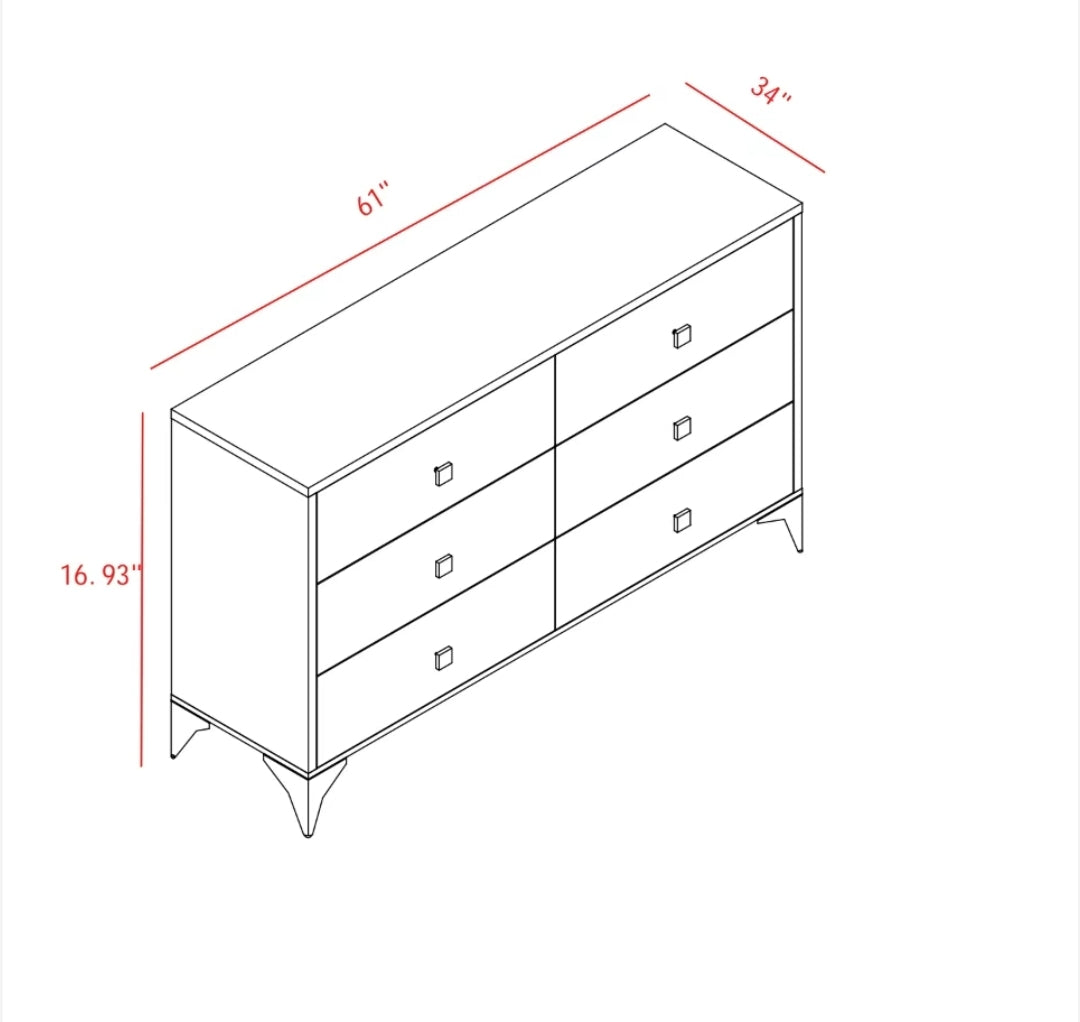 Noon 5-piece bedroom set – 5-drawer chest, 6-drawer dresser, and 2 nightstands in natural oak finish with black metal legs