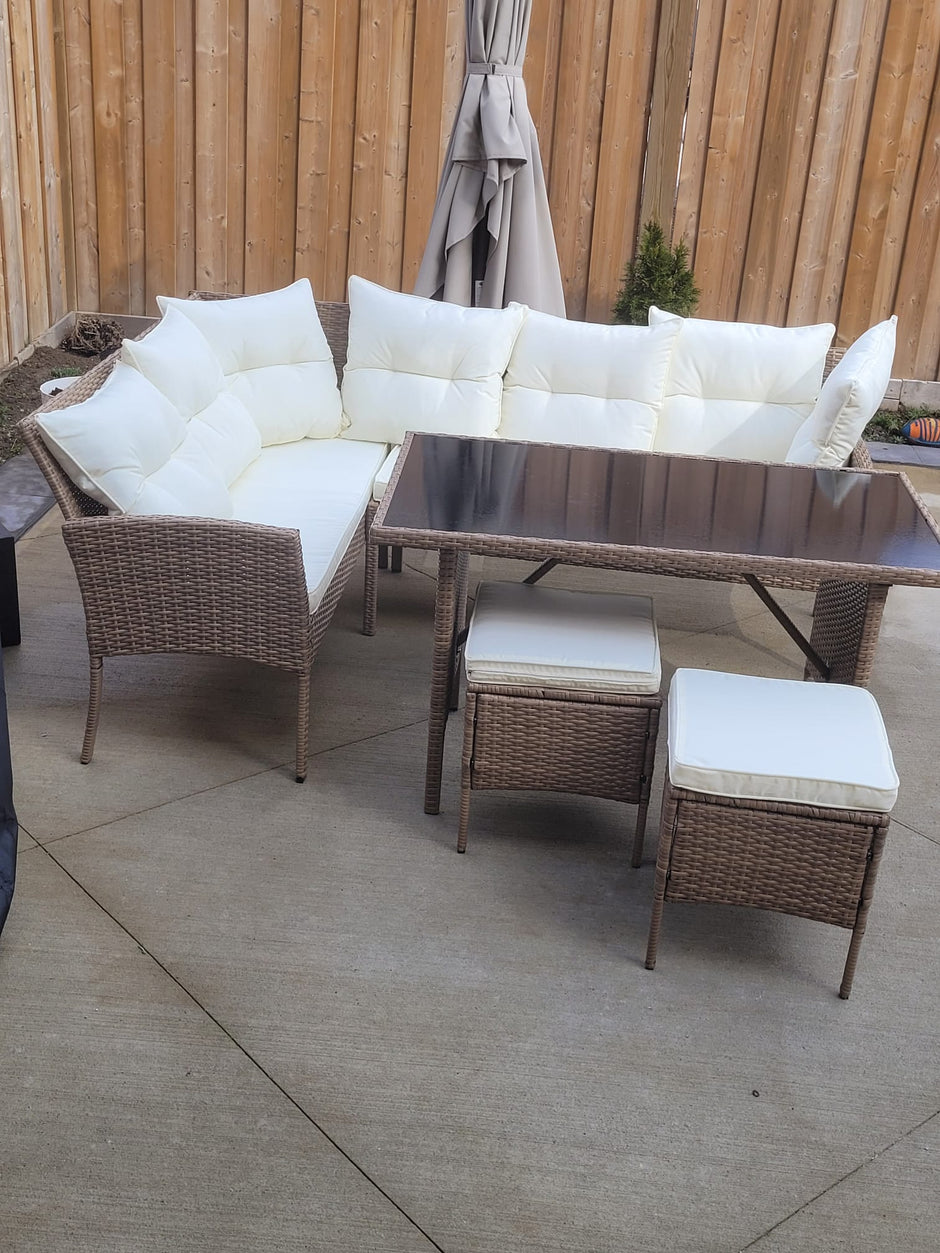 Garden Outdoor 7 pc Lounger Set Dark Brown Wicker with Beige Cushion