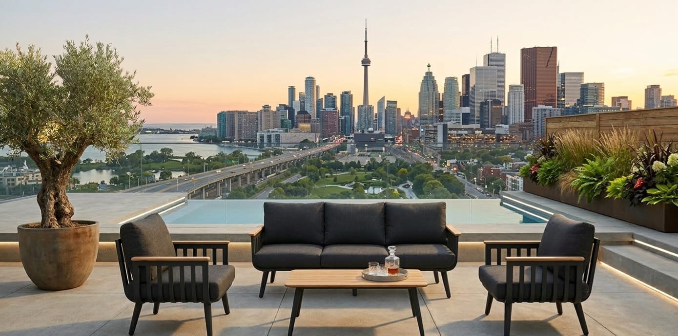 Modern 5-seater aluminum patio set with grey cushions and polywood coffee table on a deck