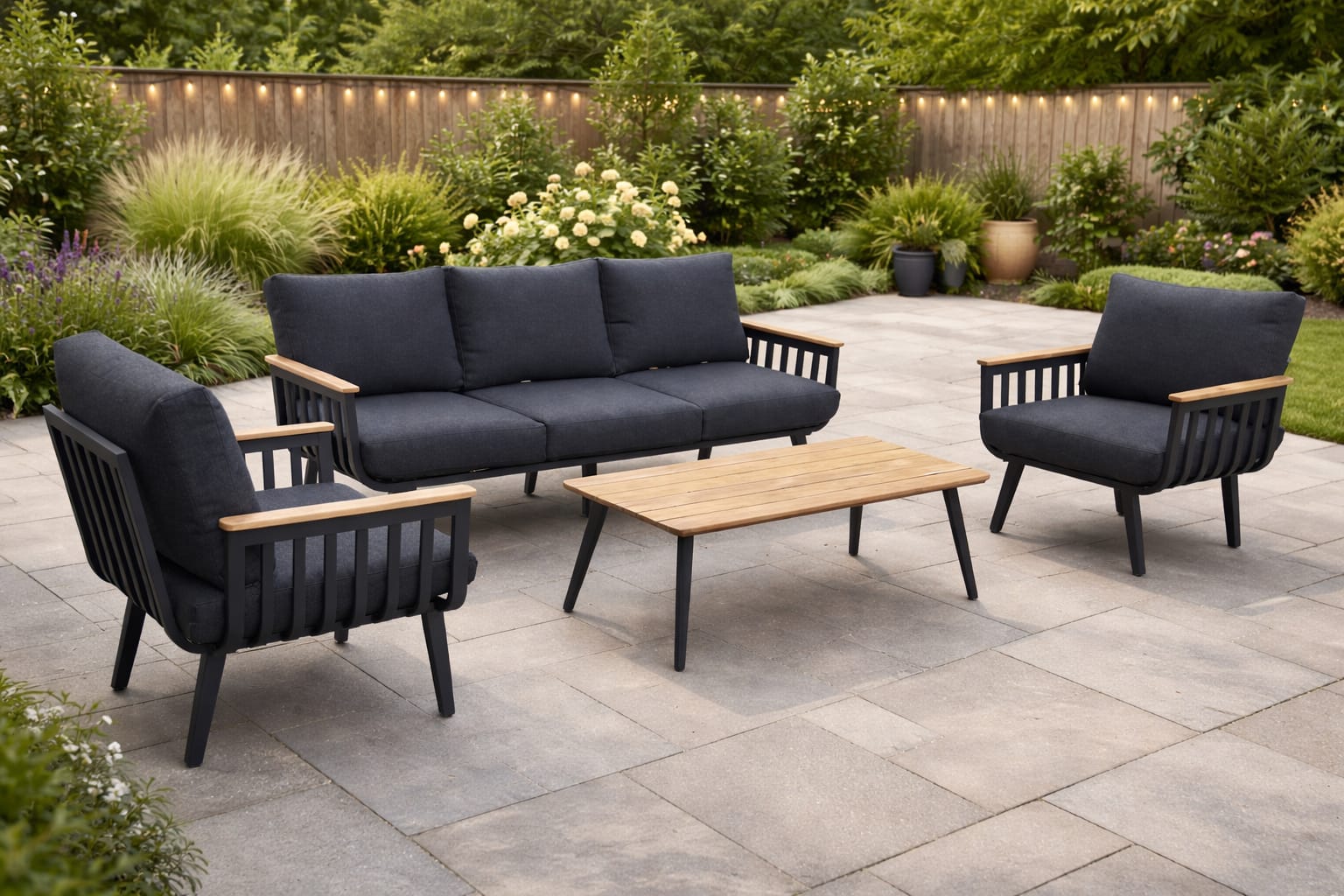 Modern 5-seater aluminum patio set with grey cushions and polywood coffee table in outdoor setting