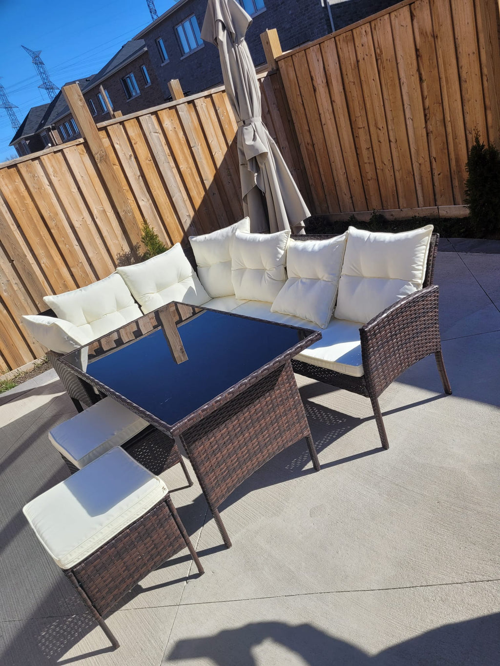 Garden Outdoor 7 pc Lounger Set Dark Brown Wicker with Beige Cushion