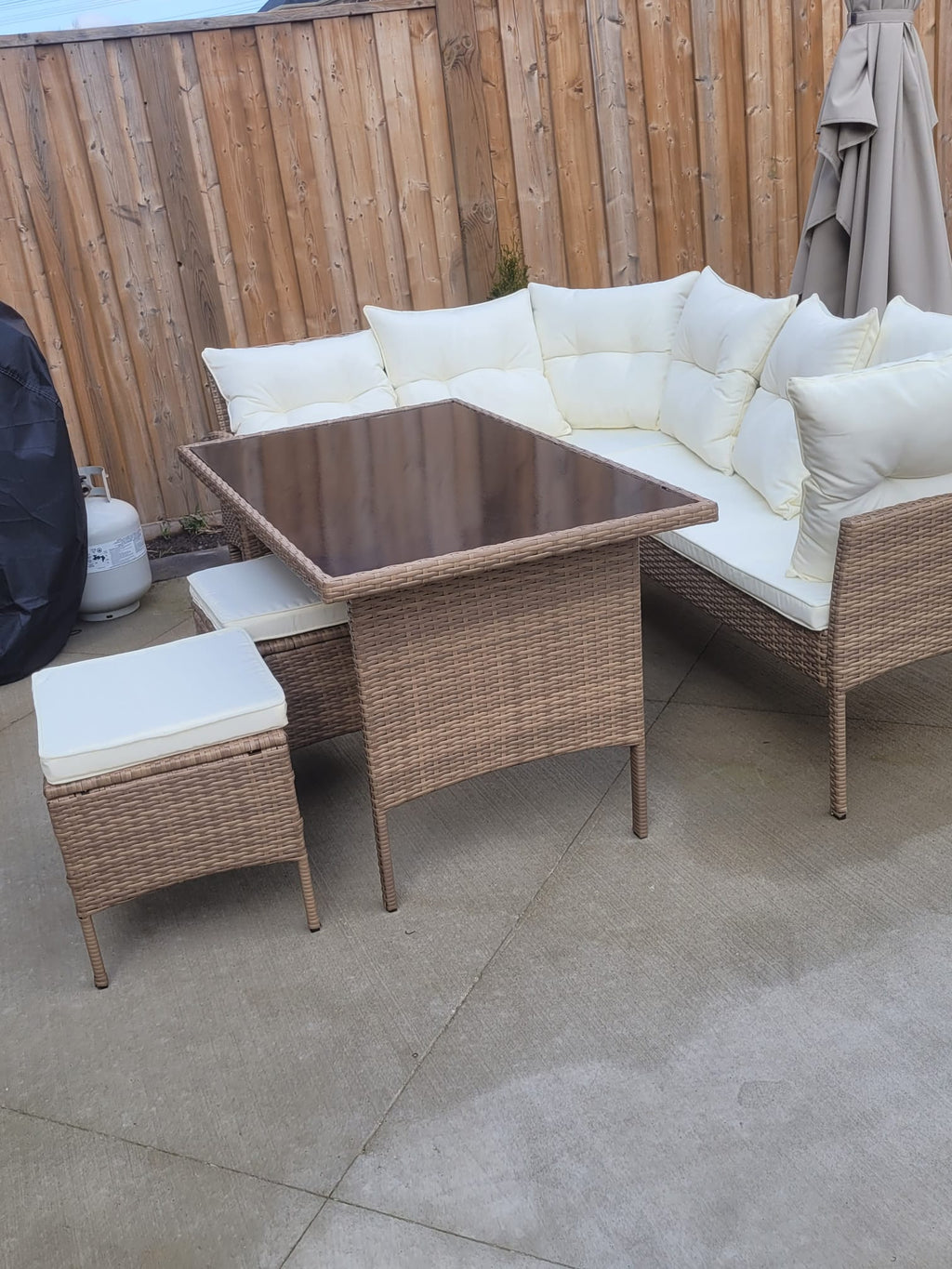 Garden Outdoor 7 pc Lounger Set Dark Brown Wicker with Beige Cushion