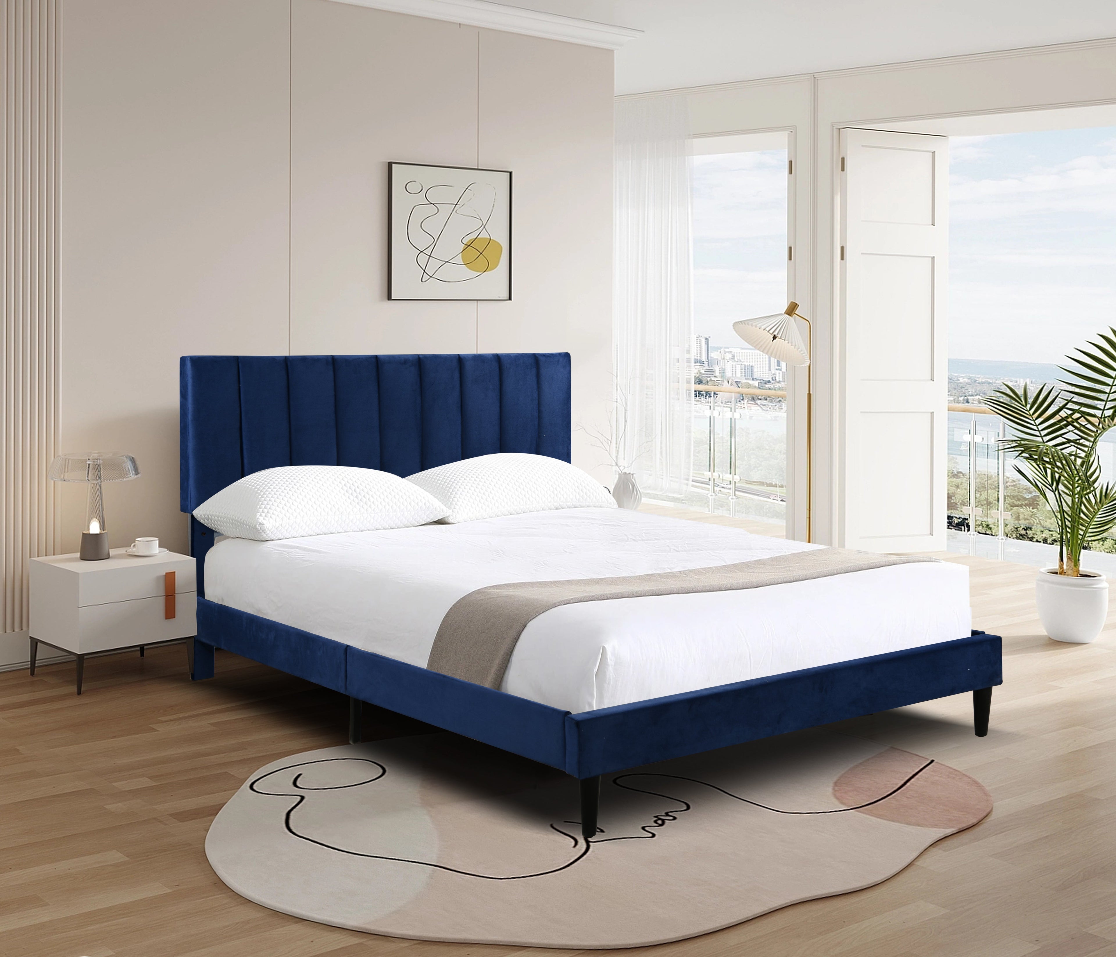 Bella Studio Clare Glam navy velvet tufted queen bed with channel tufted headboard and black polymer legs
