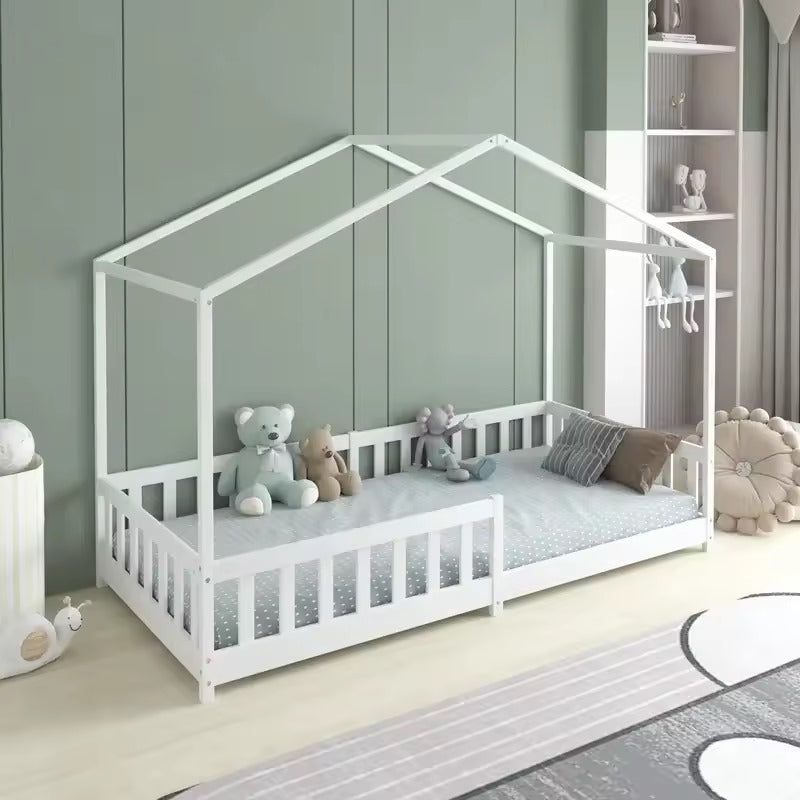 Double Luna House Montessori floor bed with white wood frame and guard rails for toddlers