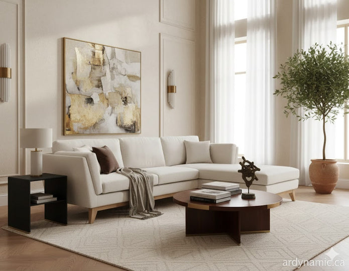 Modern sectional sofa with angular mid-century design, eucalyptus wood frame, recycled foam cushions, and chenille cover.