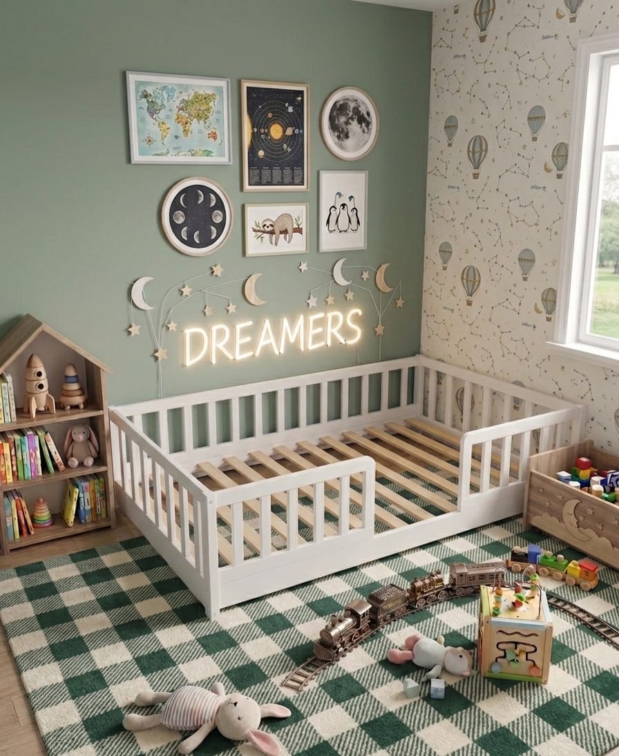 Willow Montessori Floor Bed solid pine wood low-profile toddler bed with smooth edges and open rails