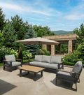 5-seater aluminum patio set with polywood coffee table and weather-resistant cushions in modern outdoor setting