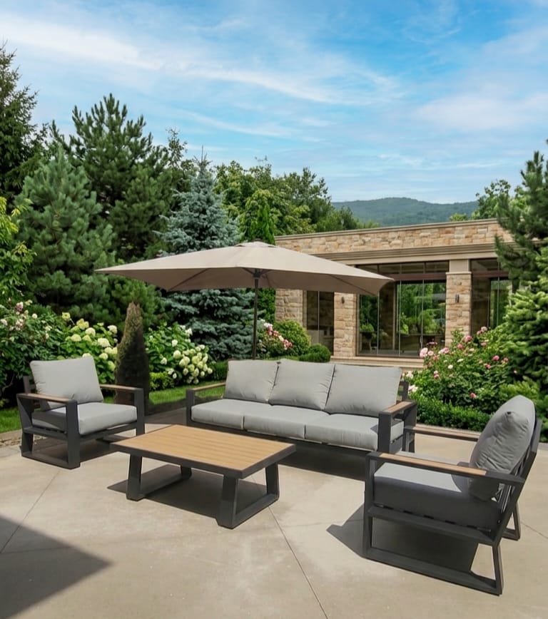 5-seater aluminum patio set with polywood coffee table and weather-resistant cushions in modern outdoor setting