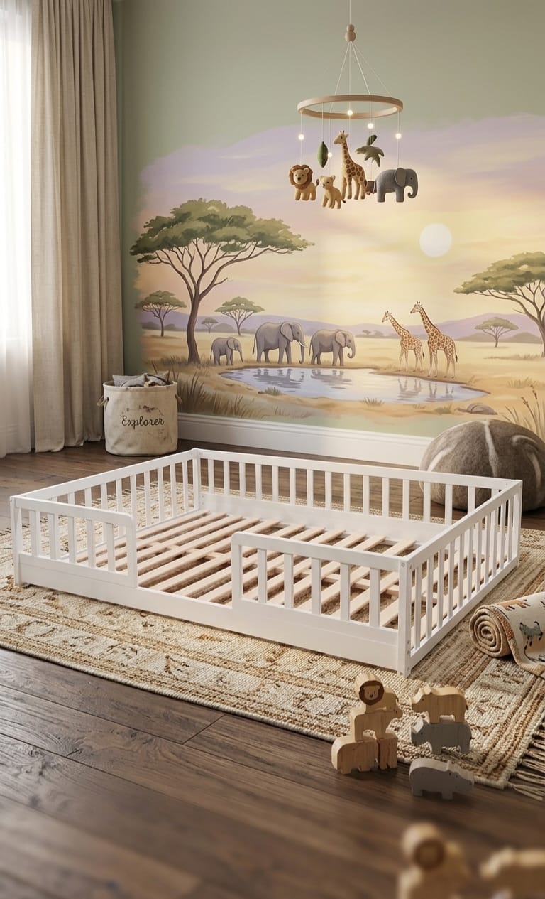 Double Willow Montessori Floor Bed made of solid pine wood with natural finish in a child’s room