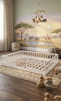 Double Willow Montessori Floor Bed made of solid pine wood with natural finish in a child’s room