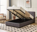 Hudson hydraulic storage bed with grey upholstered frame, cream mattress and lift-up slatted base revealing storage space.