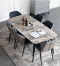 7 PC dining table set with white marble finish and six grey and beige chairs