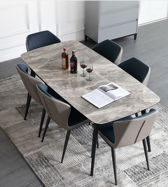 7 PC dining table set with white marble finish and six grey and beige chairs
