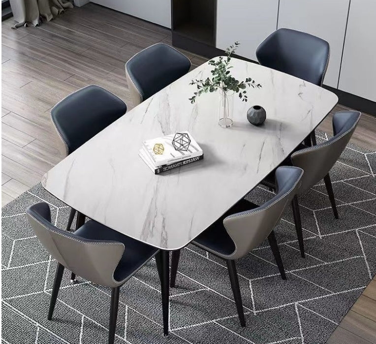 7 PC dining table set with white marble table and six beige chairs