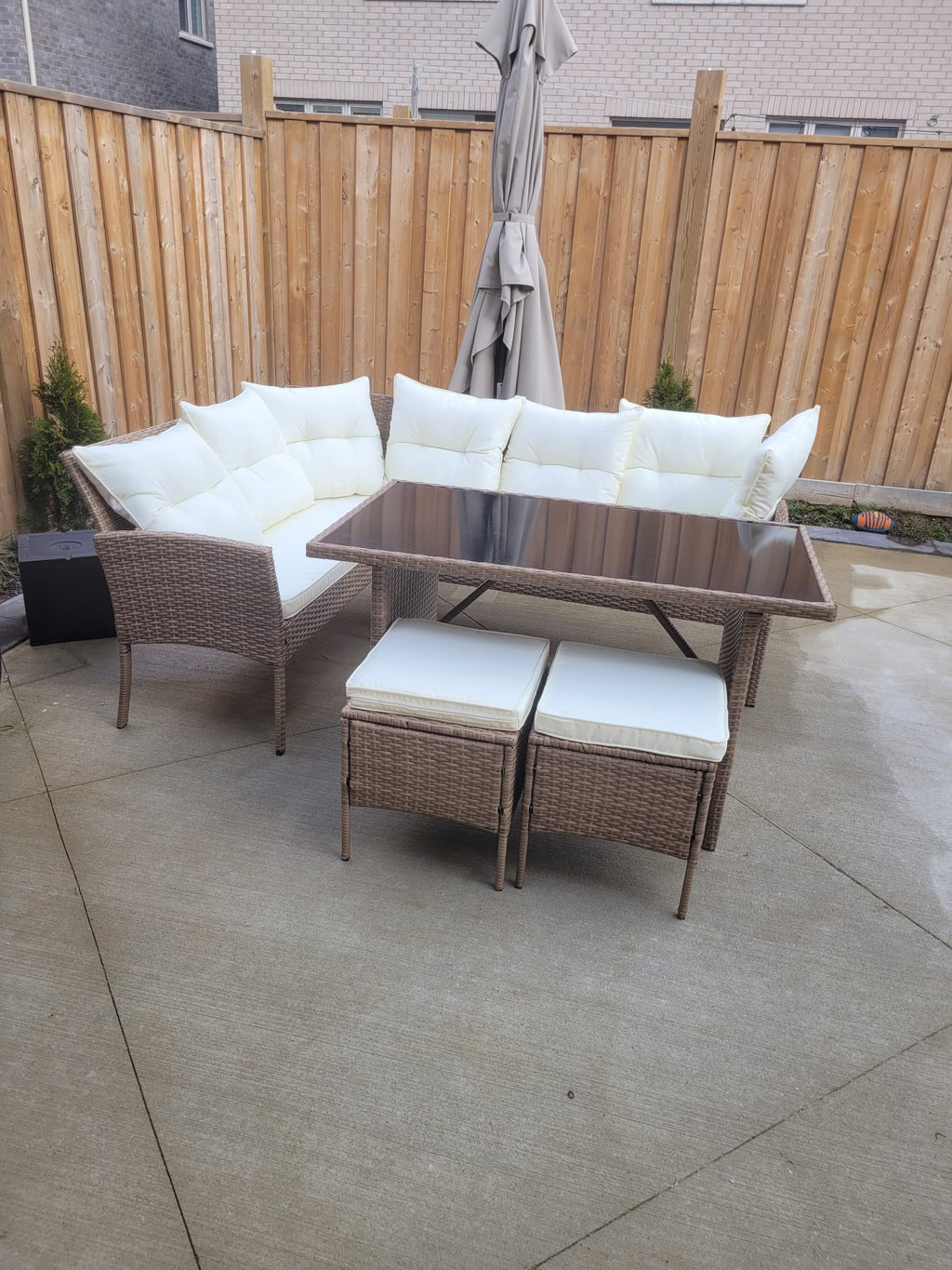 Garden Outdoor 7 pc Lounger Set Dark Brown Wicker with Beige Cushion